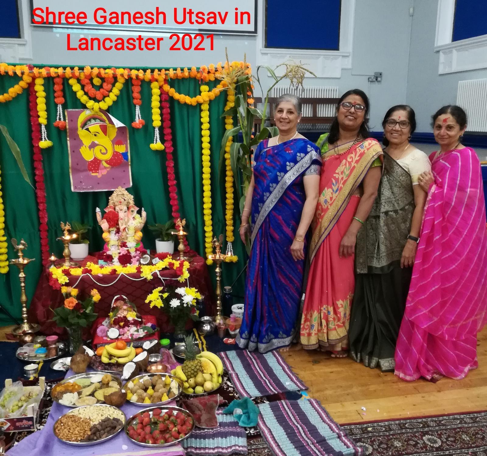 Harsha with friends at the Ganesh shrine during Shree Ganesh Utsav